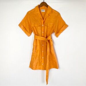 Matthew Bruch Safari Mini Dress Orange Linen Belt Collared Relaxed Button Size 2